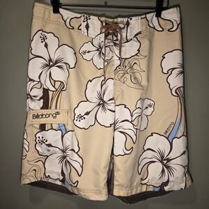 Billabong Swim Trunks Tropical Floral Print Y2K Men's Size 36, Cream Brown Multi